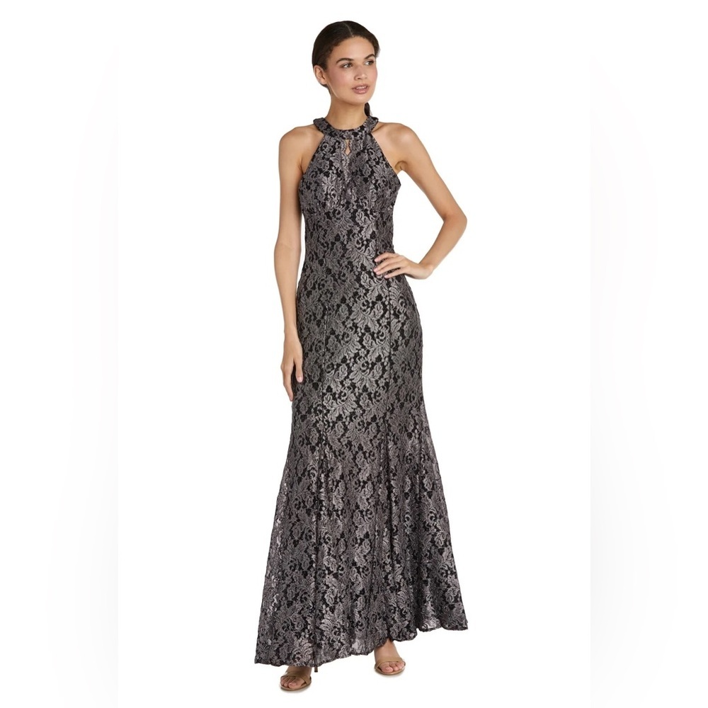 Night Way Collections Black and Silver Lace Maxi Dress